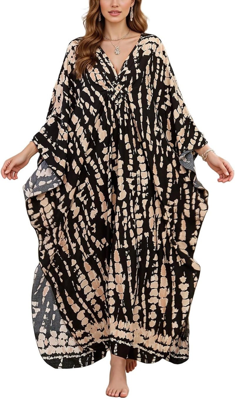 IMAGEKOPE Women's Plus Size Animal Print V-Neck Batwing Kaftan Beach Dress Bathing Suit Cover-Up Loungewear - Image 1
